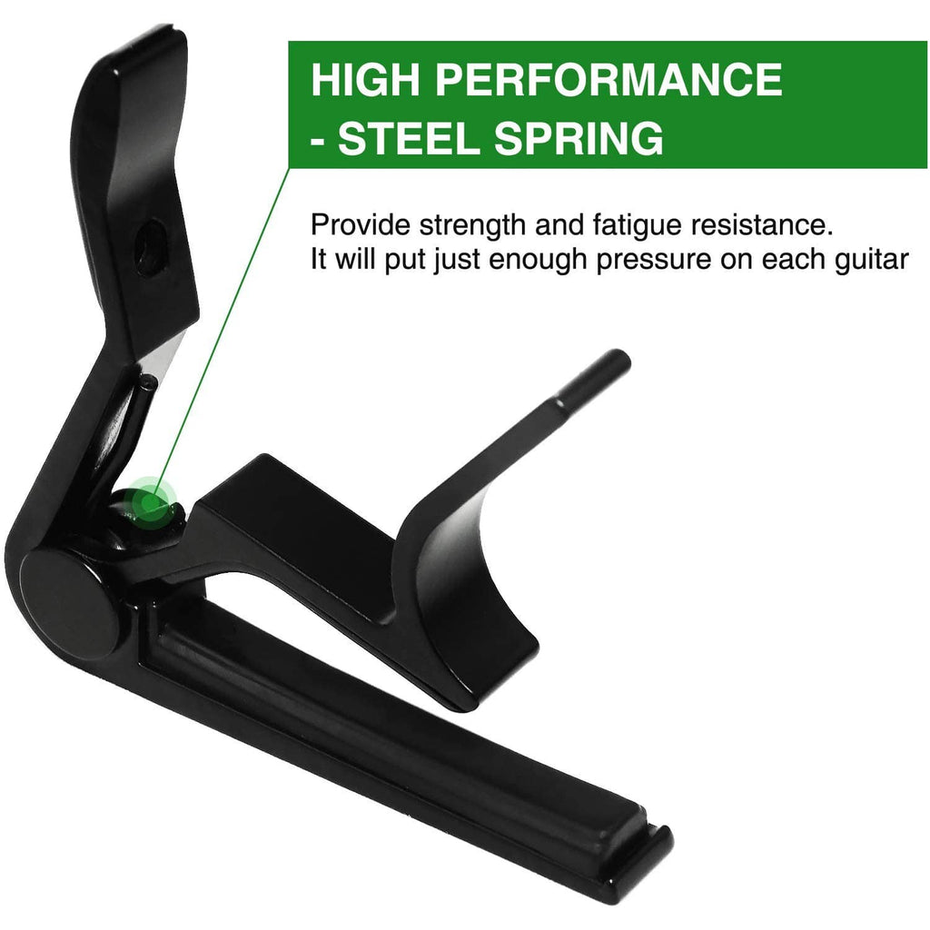 Black guitar capo with hinged clamp, end foot, and visible spring area