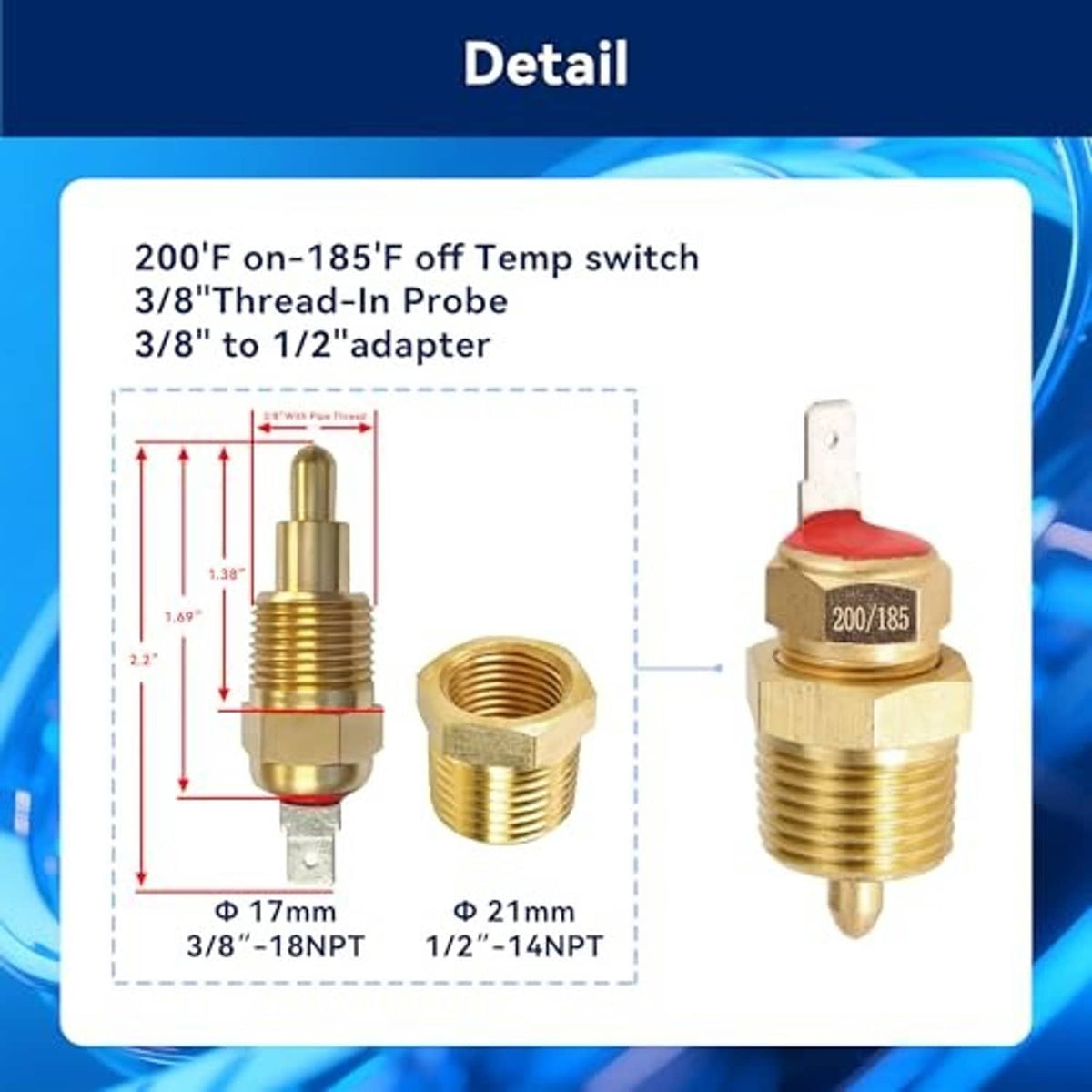 Brass 200°F on / 185°F off temperature switch with threaded probe and adapter