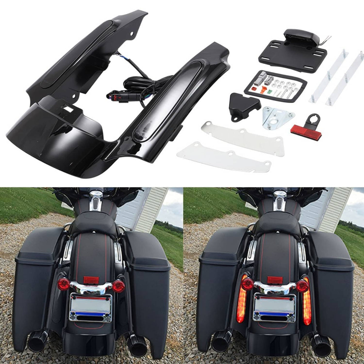 Rear fender LED light fascia kit shown with black brackets, wiring, and mounting hardware