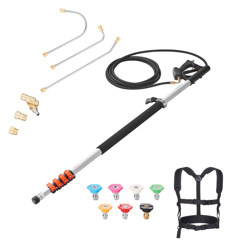 Telescoping pressure washer wand kit with black hose, spray tips, and support harness