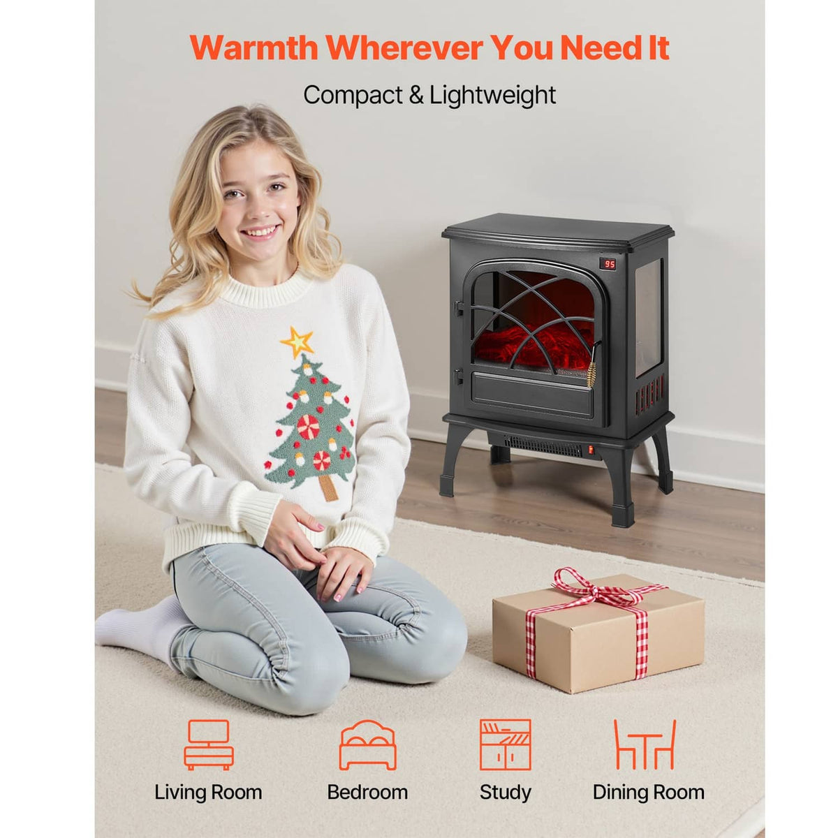 Black freestanding electric fireplace heater with arched glass front and glowing red flame effect