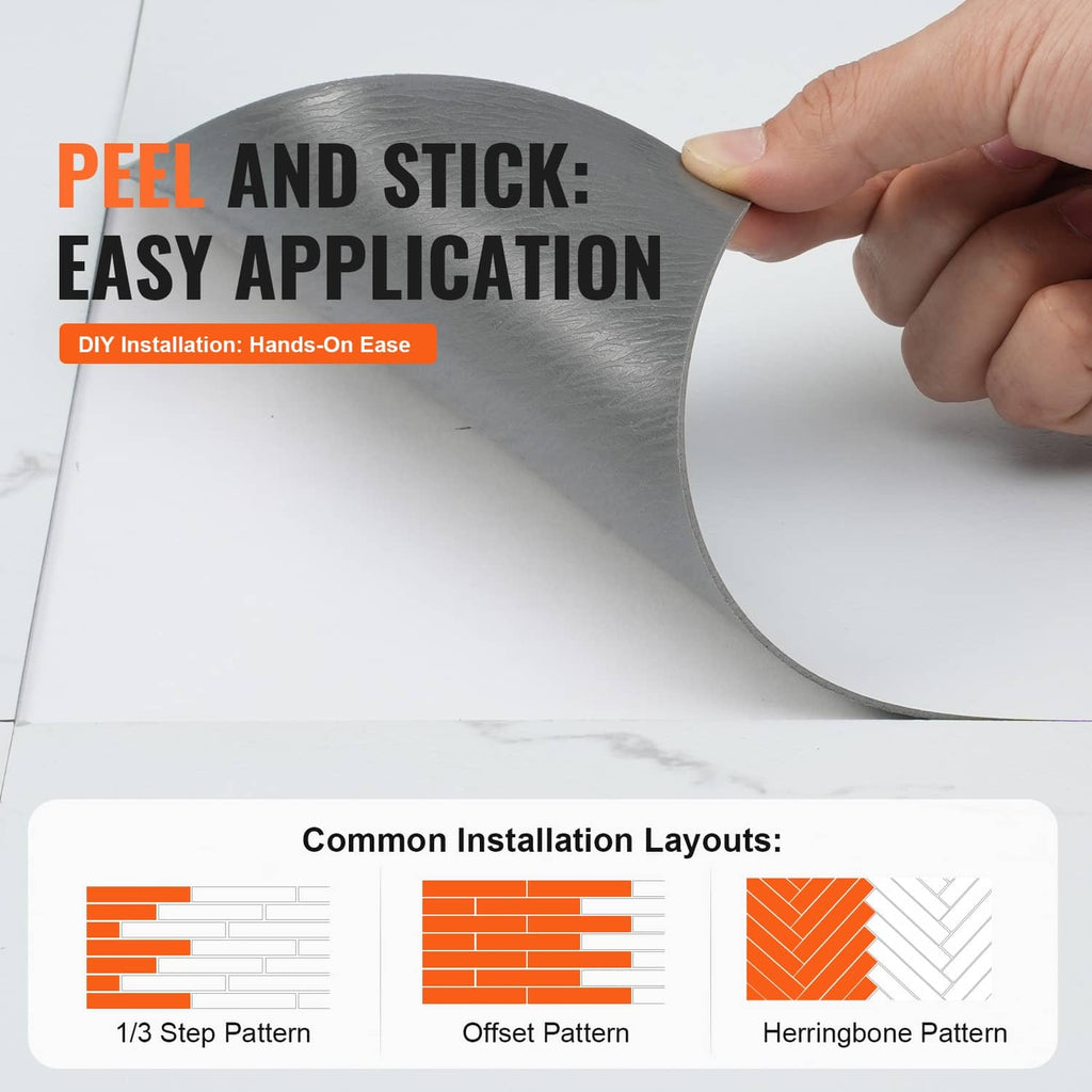 Peel-and-stick vinyl floor tile application with hand lifting backing