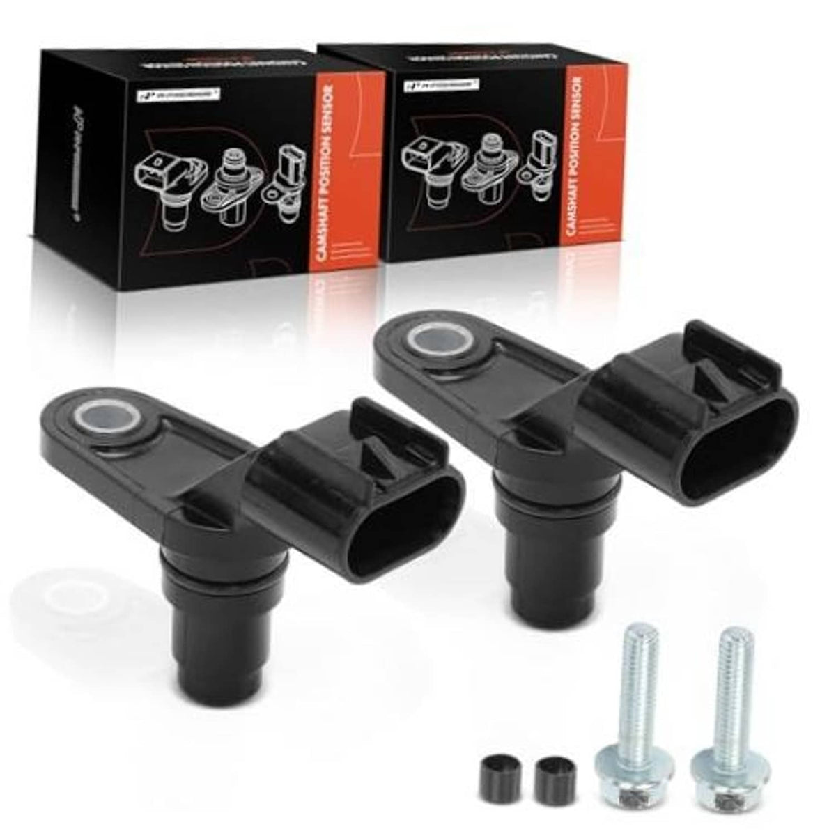 Camshaft position sensor set (2) with black mounting ends and included hardware screws