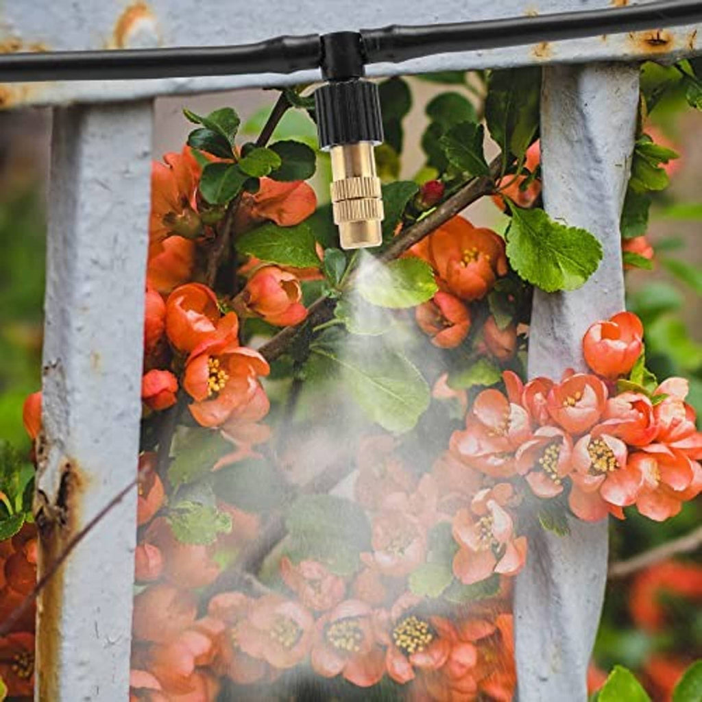 Brass spray nozzle spraying mist from black sprinkler line over fruit plants