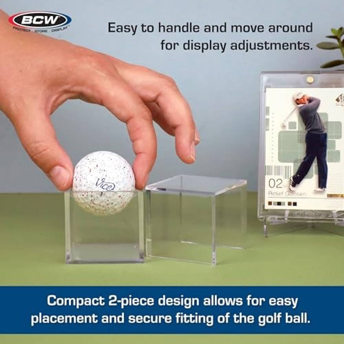 Compact clear golf ball holder cube with a golf ball securely fitted