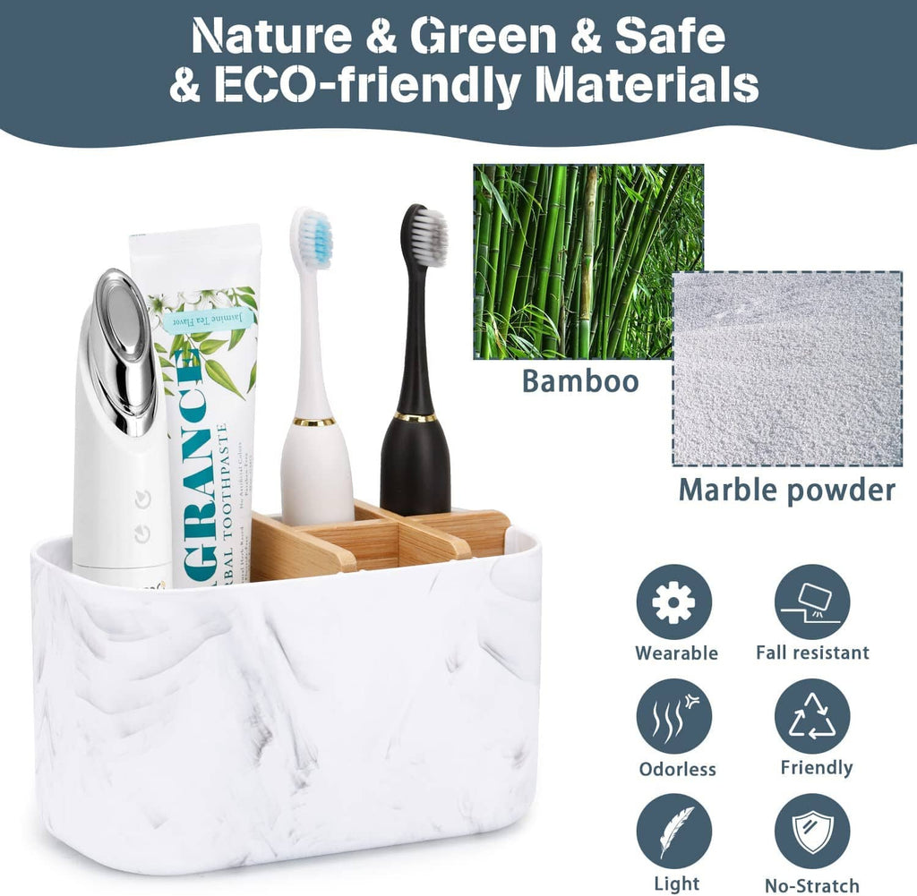 Marble-look 5-slot bamboo toothbrush holder with bamboo tray dividers and two toothbrushes