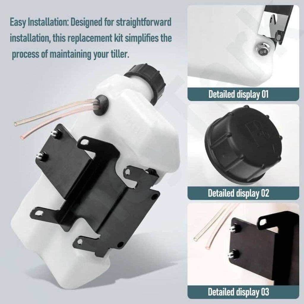 White fuel tank assembly with black mounting bracket and fuel cap