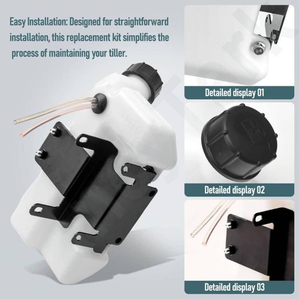 White fuel tank assembly with black mounting bracket and fuel cap