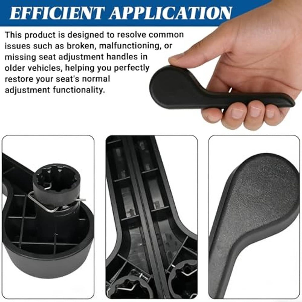 Black seat adjustment handle lever held in hand, curved backrest lever