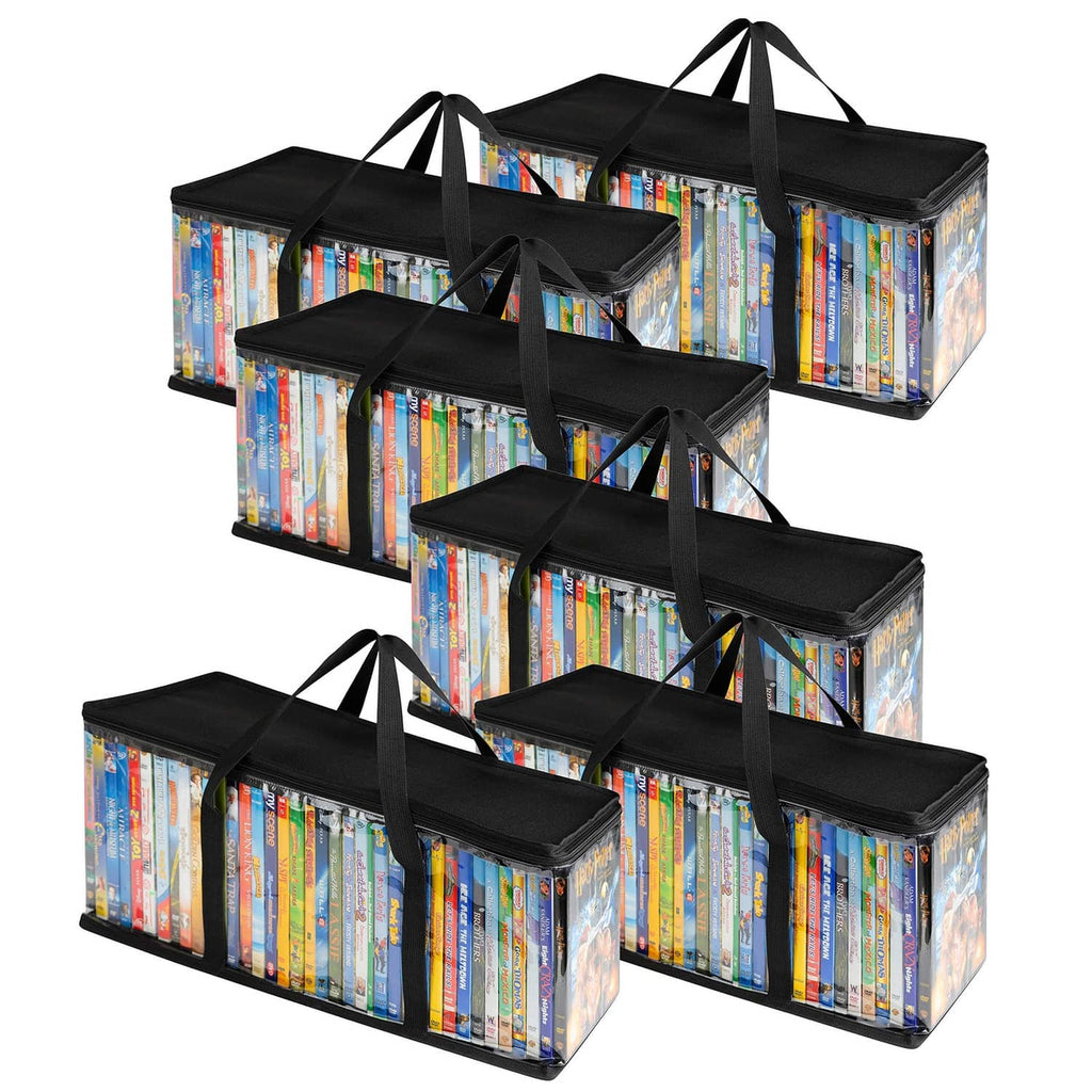 Set of black DVD storage bags with clear PVC window panels and padded carry handles