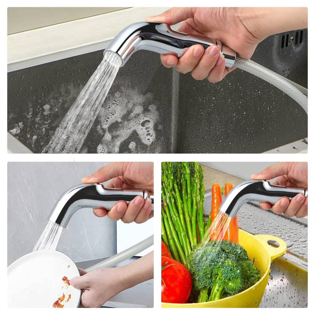 Chrome handheld sink sprayer attachment spraying a steady water stream