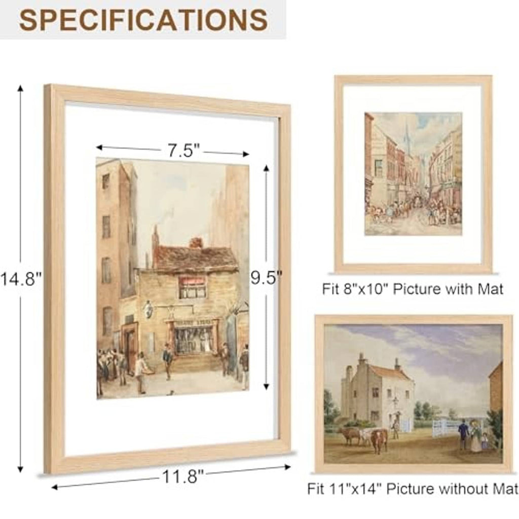 Natural solid wood picture frame with clear plexiglass, shows 11.8 x 14.8 sizing