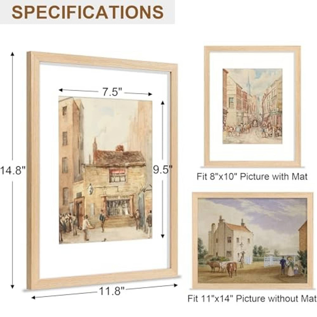 Natural solid wood picture frame with clear plexiglass, shows 11.8 x 14.8 sizing