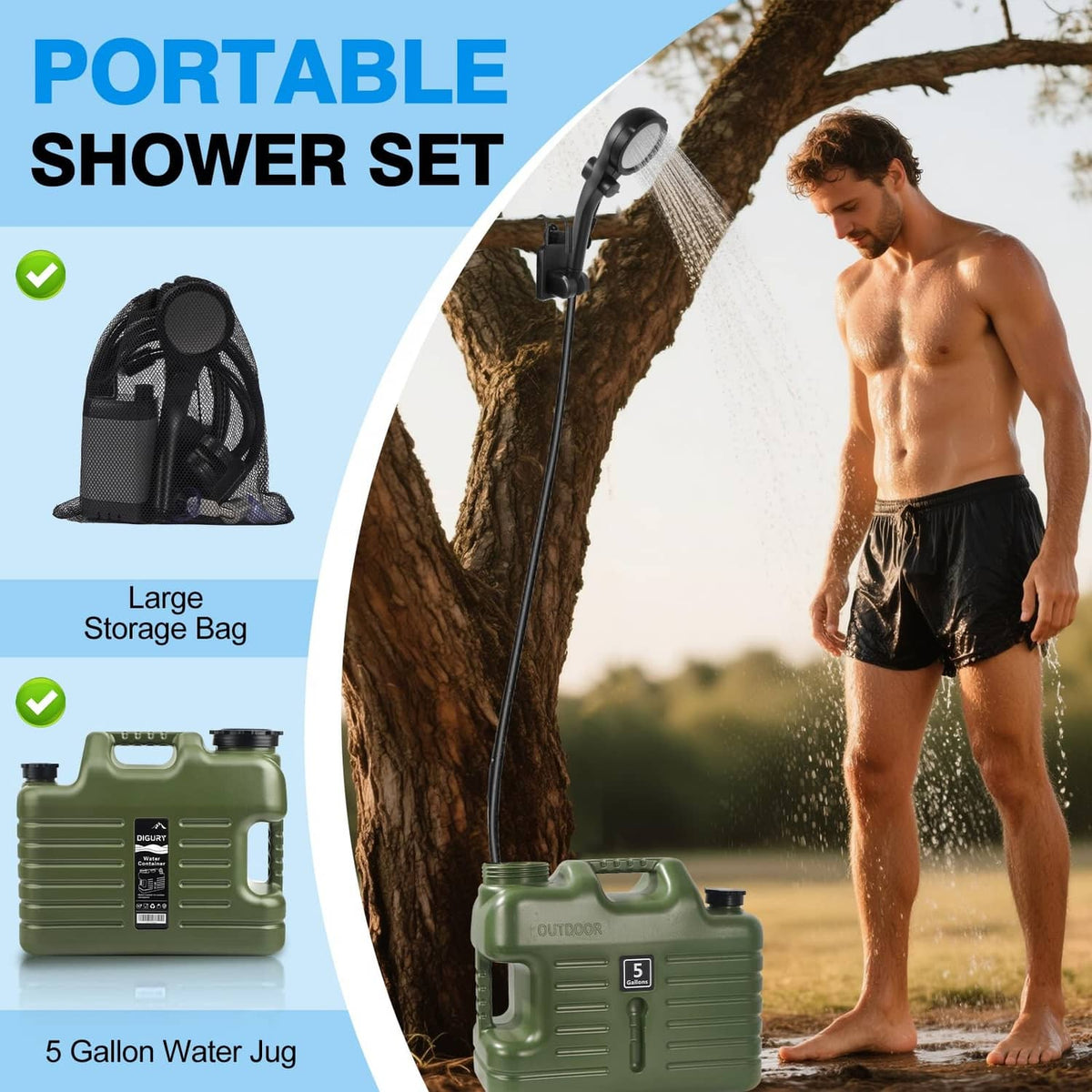 Portable camping shower set with green 5-gallon jug, long shower pole and shower head