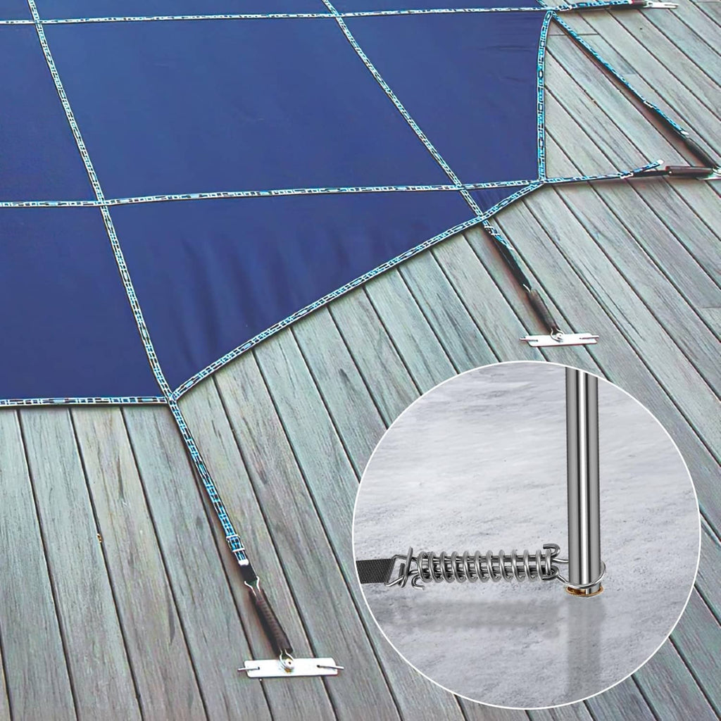 Pool cover tool with spring anchor attached to silver rod on deck