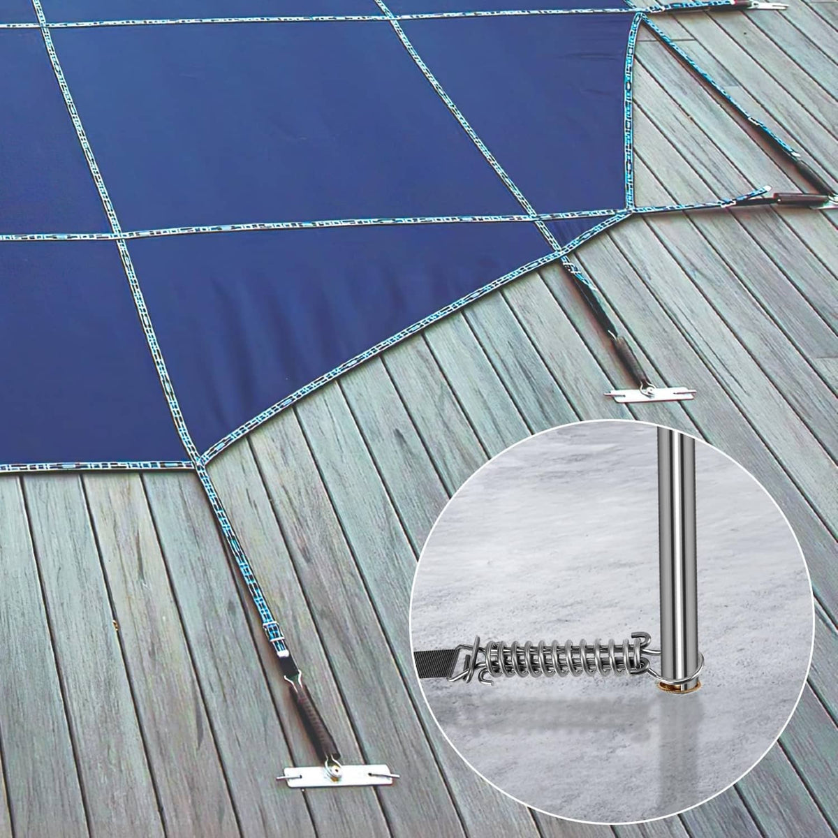 Pool cover tool with spring anchor attached to silver rod on deck
