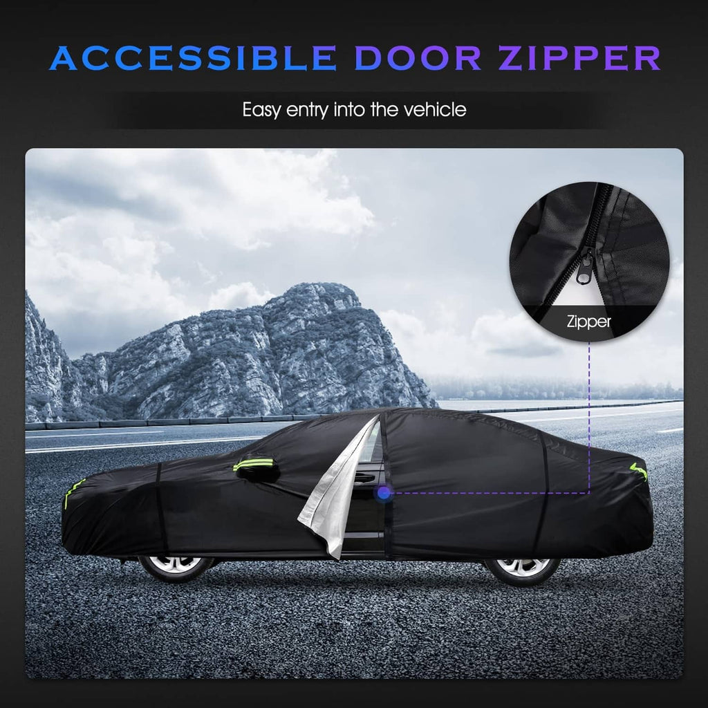 Black custom car cover with zipper access opening on side panel