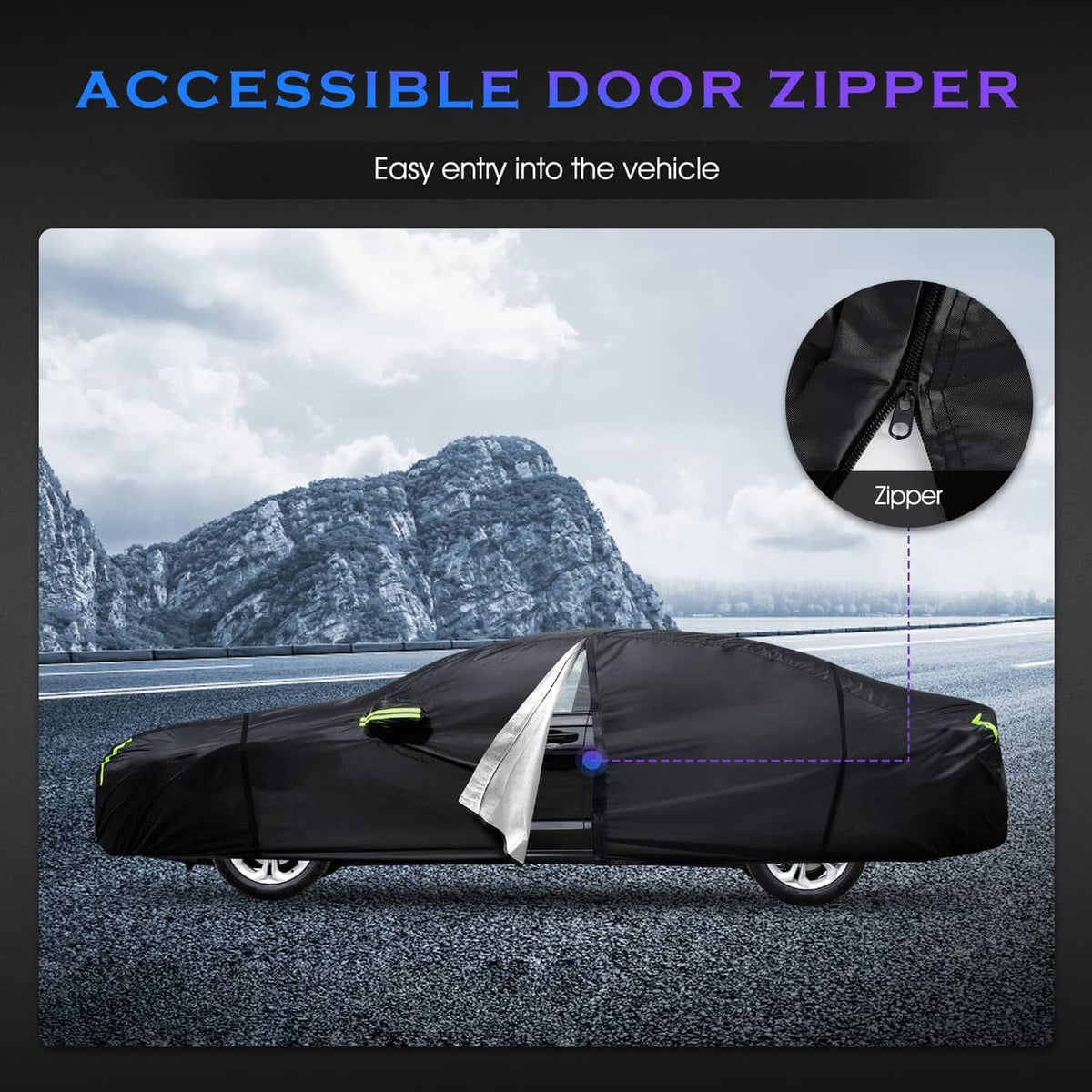Black custom car cover with zipper access opening on side panel