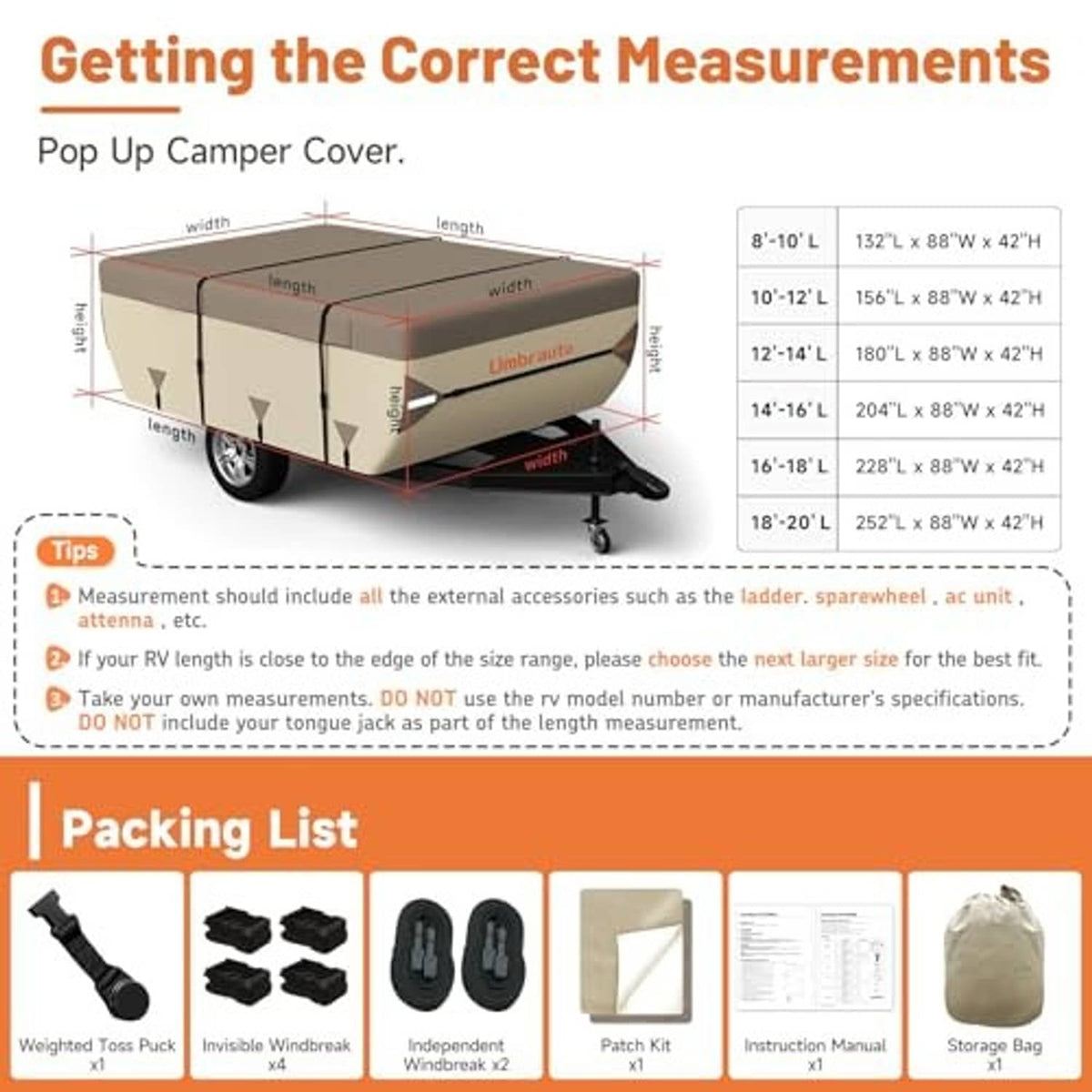 Tan pop up camper cover sizing diagram with length and width ranges for folding trailers.