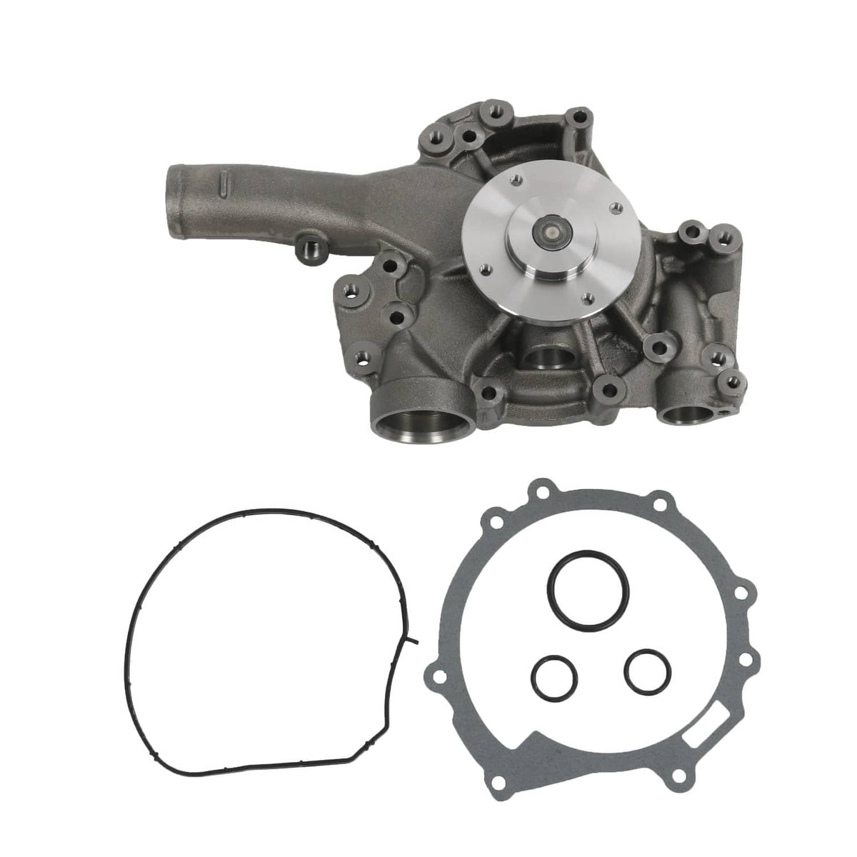 Engine water pump with attached gaskets and seal, dark gray cast metal and silver impeller