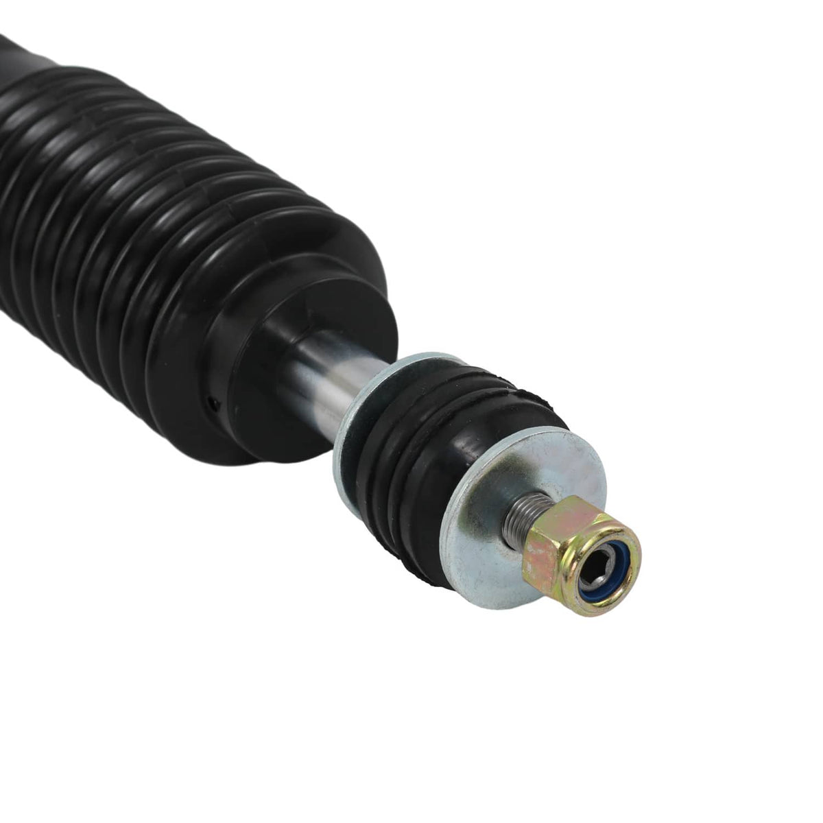 Coilover spring strut with black coils and silver end cap with bolt