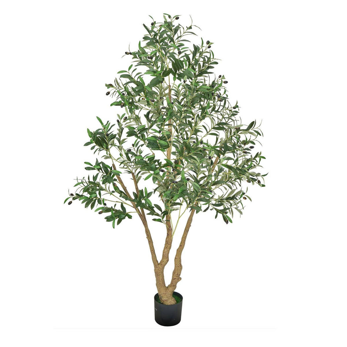 Artificial olive tree with dense green foliage in a black pot, full view