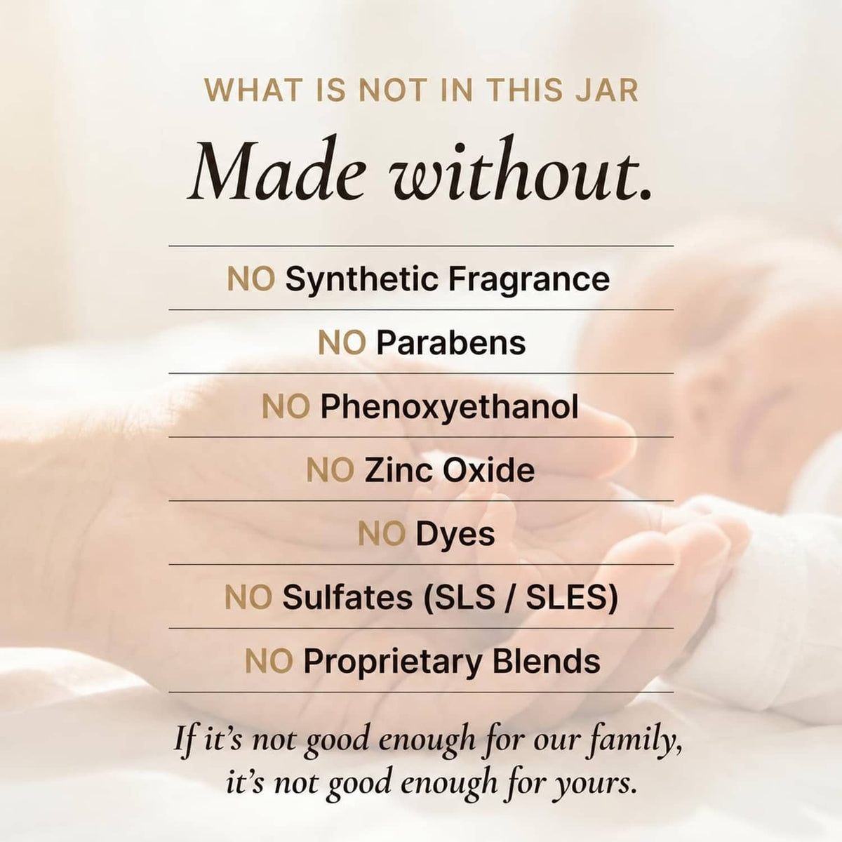 Clean + Kind Baby & Diaper Balm label listing made without preservatives and dyes