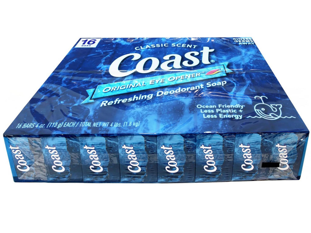 Coast bar deodorant soap case, blue box top and front, 16 bars