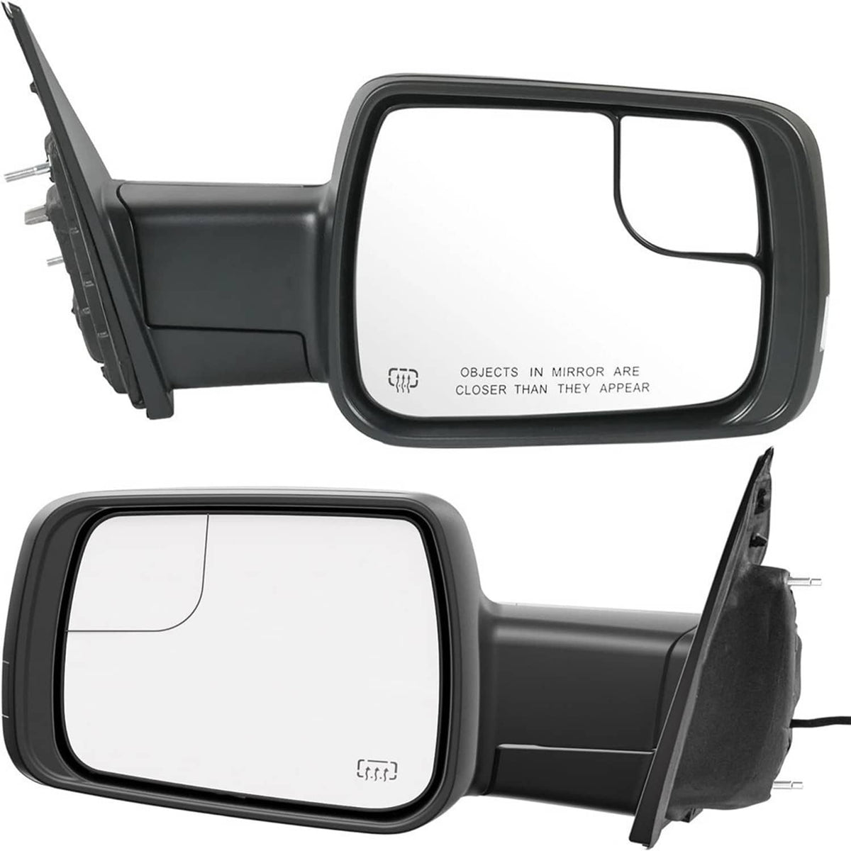 Heated black mirror pair showing smooth housing and side turn-signal light