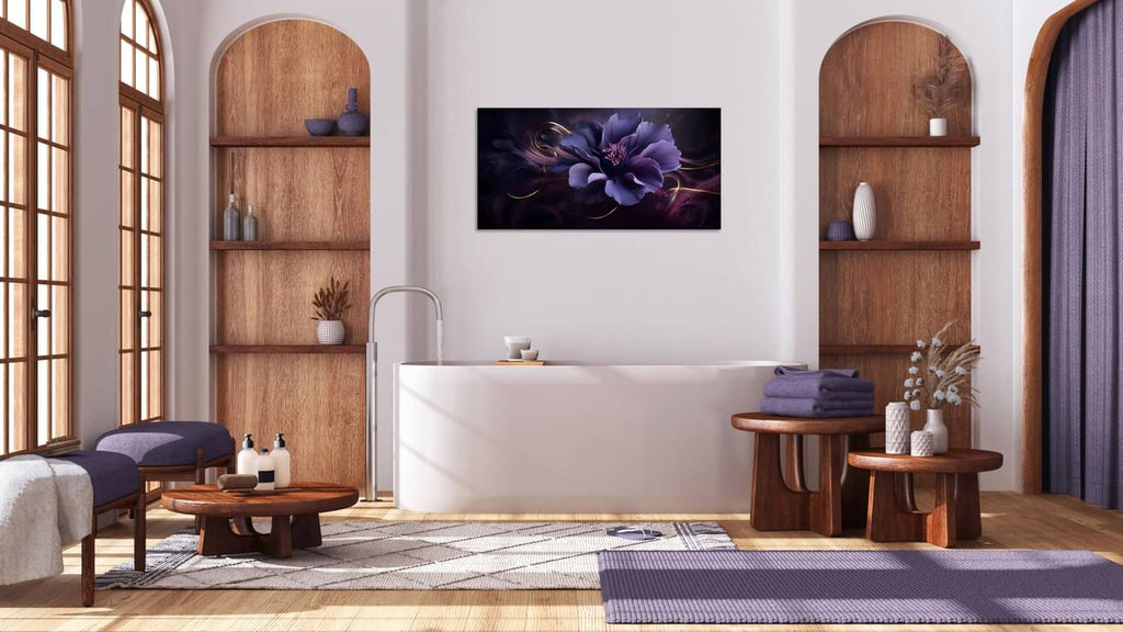 Framed purple flower wall canvas hanging on wall, landscape rectangle print