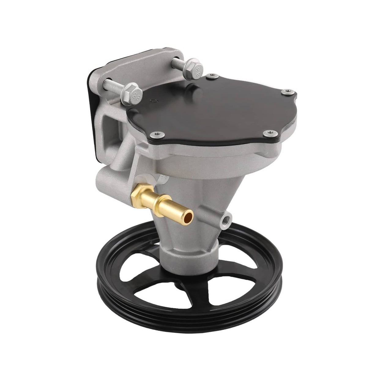 Vacuum pump with black pulley and gray body, top cover and brass outlet fitting