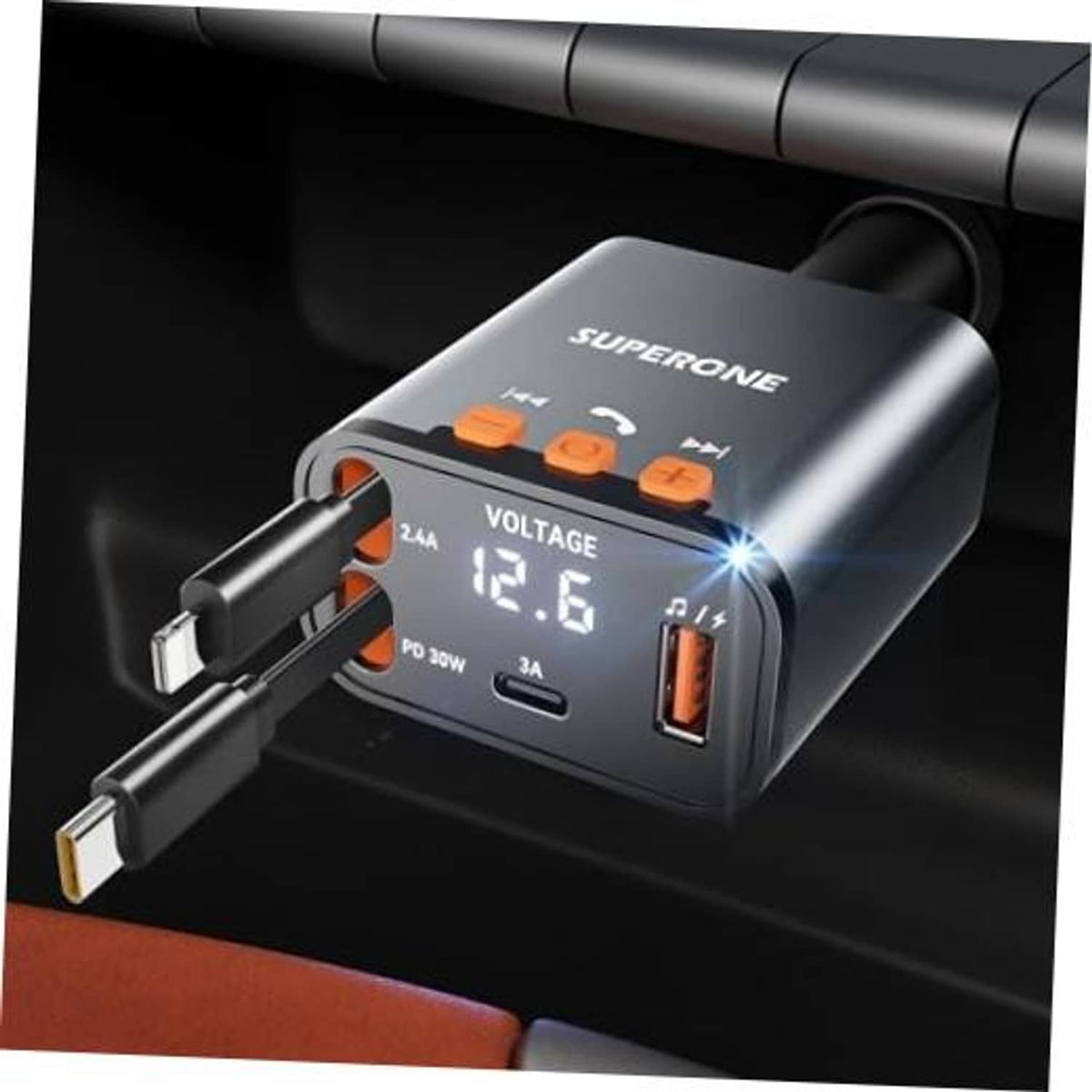 Matte black retractable car charger with voltage display and dual USB ports