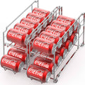 Stackable can dispenser rack holding red Coca-Cola cans, front-loading rails