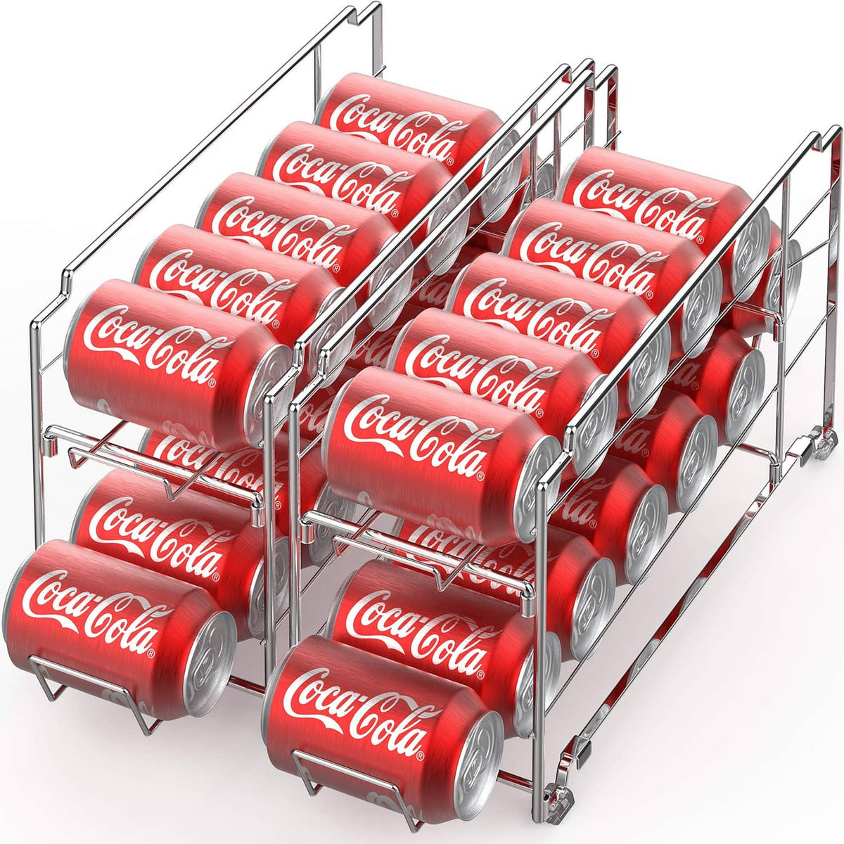 Stackable can dispenser rack holding red Coca-Cola cans, front-loading rails