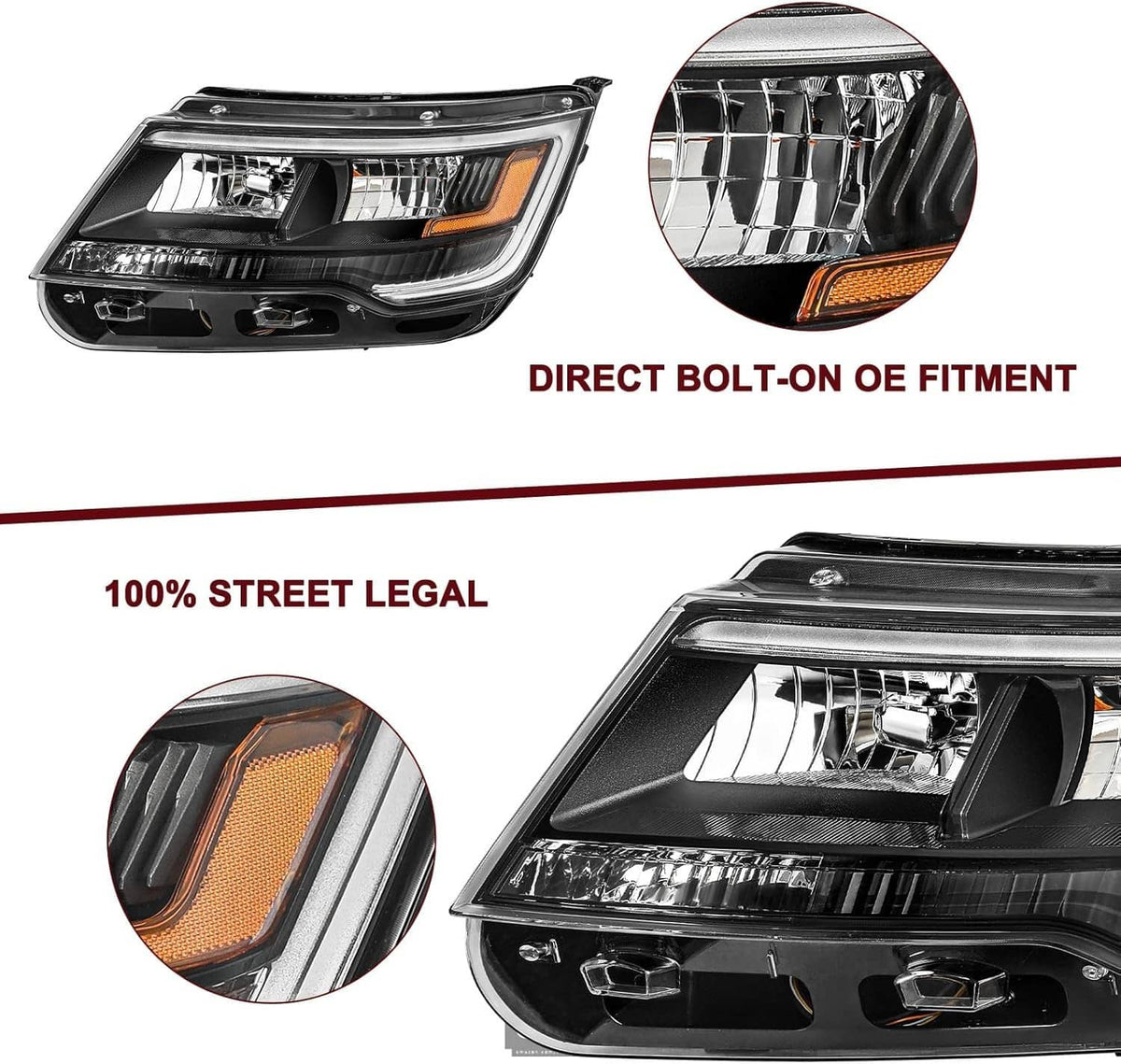 LED DRL headlight assembly with amber side reflector and clear internal lamp grids