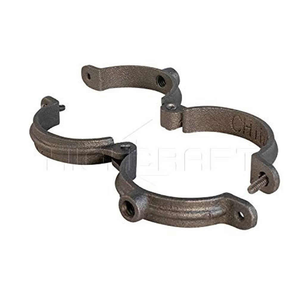 Angled view of dark metal hinged split ring pipe hangers with threaded connection ends