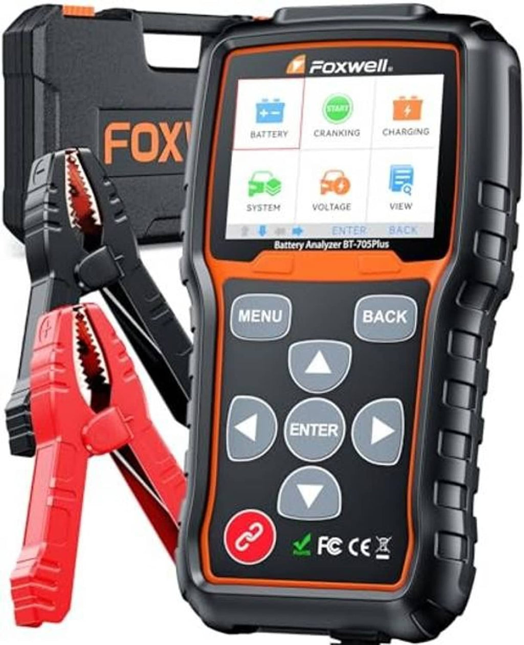 Car battery tester with red and black clamp leads, black and orange color screen