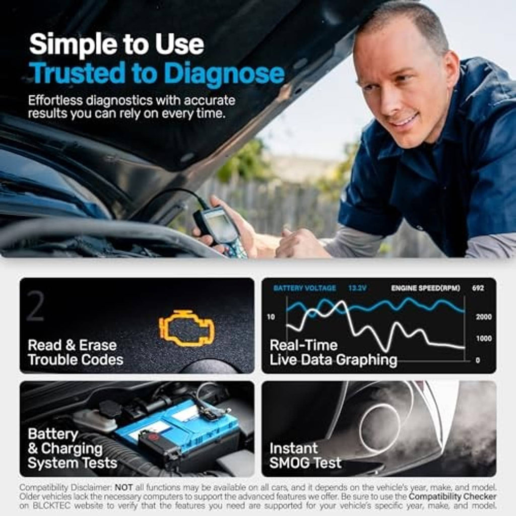 Handheld OBD2 scanner displaying live data on screen with keypad buttons