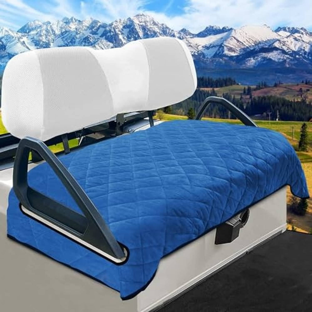 Deep blue quilted plush seat cover blanket with white headrest cover and black side rails