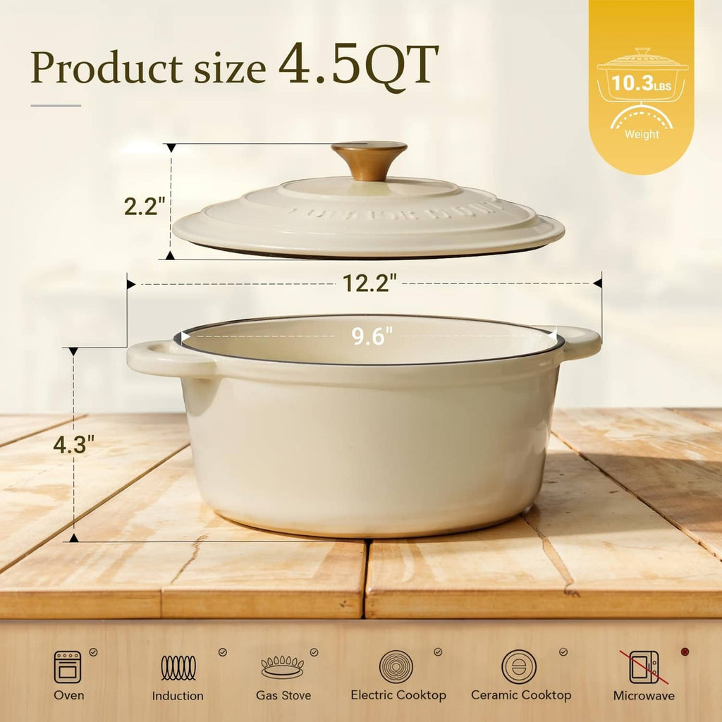 Cream 4.5QT enameled cast iron Dutch oven with gold knob and side handles