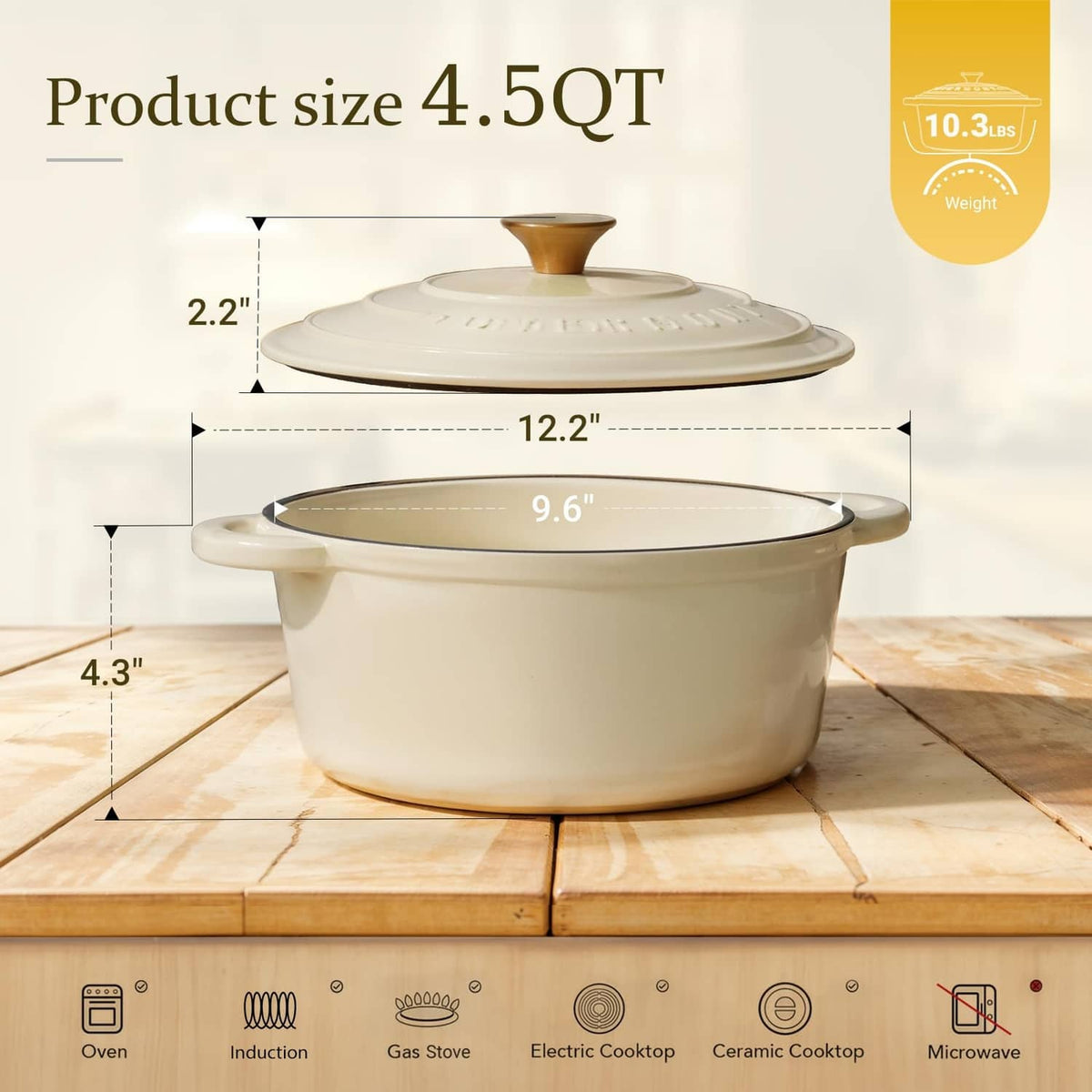 Cream 4.5QT enameled cast iron Dutch oven with gold knob and side handles