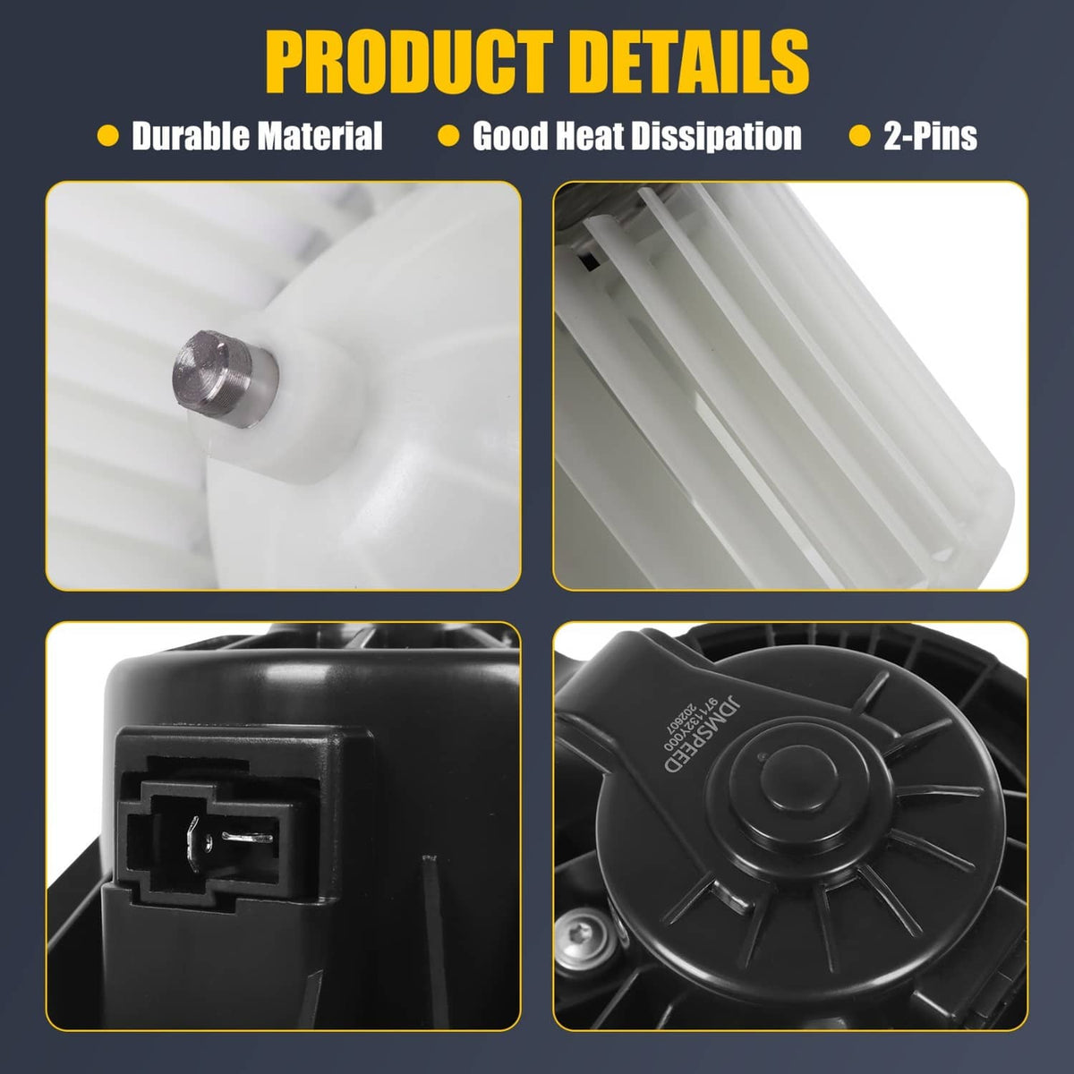 HVAC blower motor with fan cage, close-up of black housing and metal connector pins