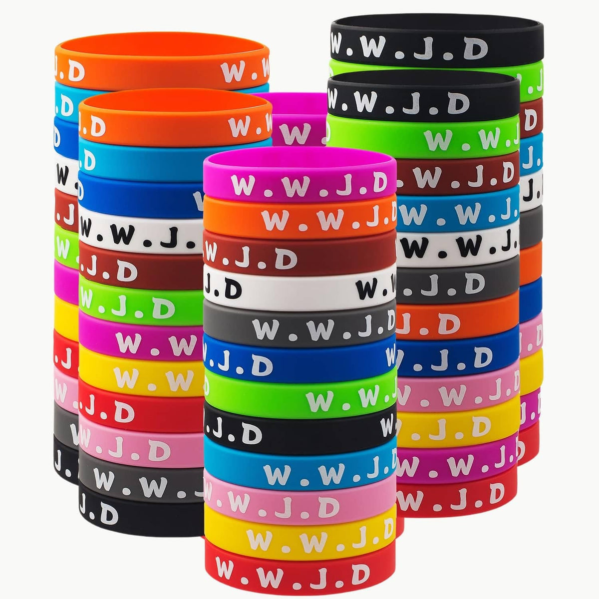 Stack of colorful silicone wristbands with repeating white lettering in bright assorted colors