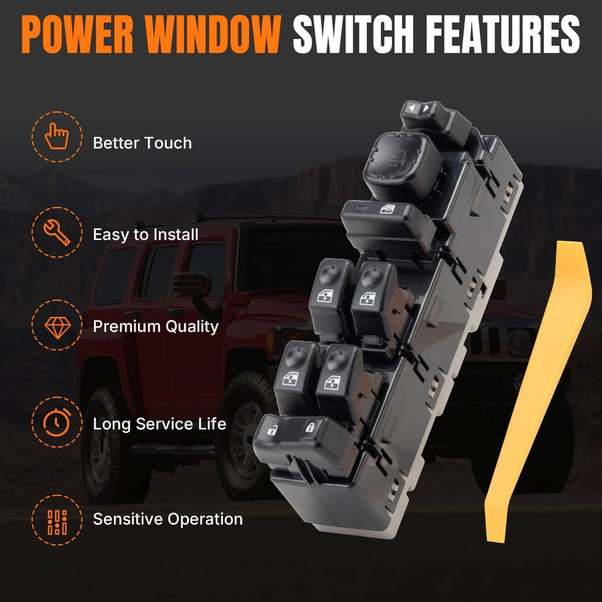 Power window switch module angled view with multiple rocker buttons and knob
