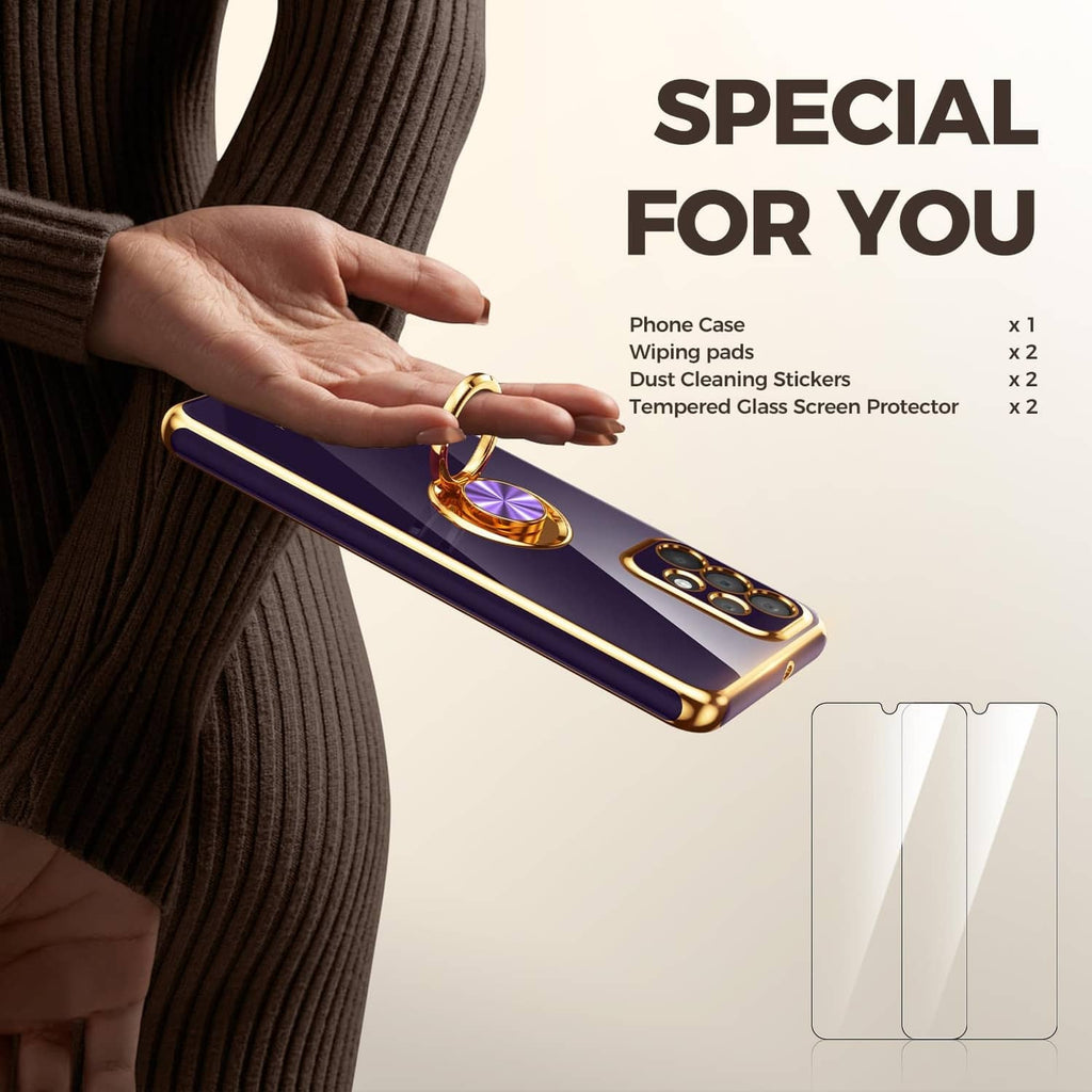 Purple case with gold trim plus included screen protector films and camera cover