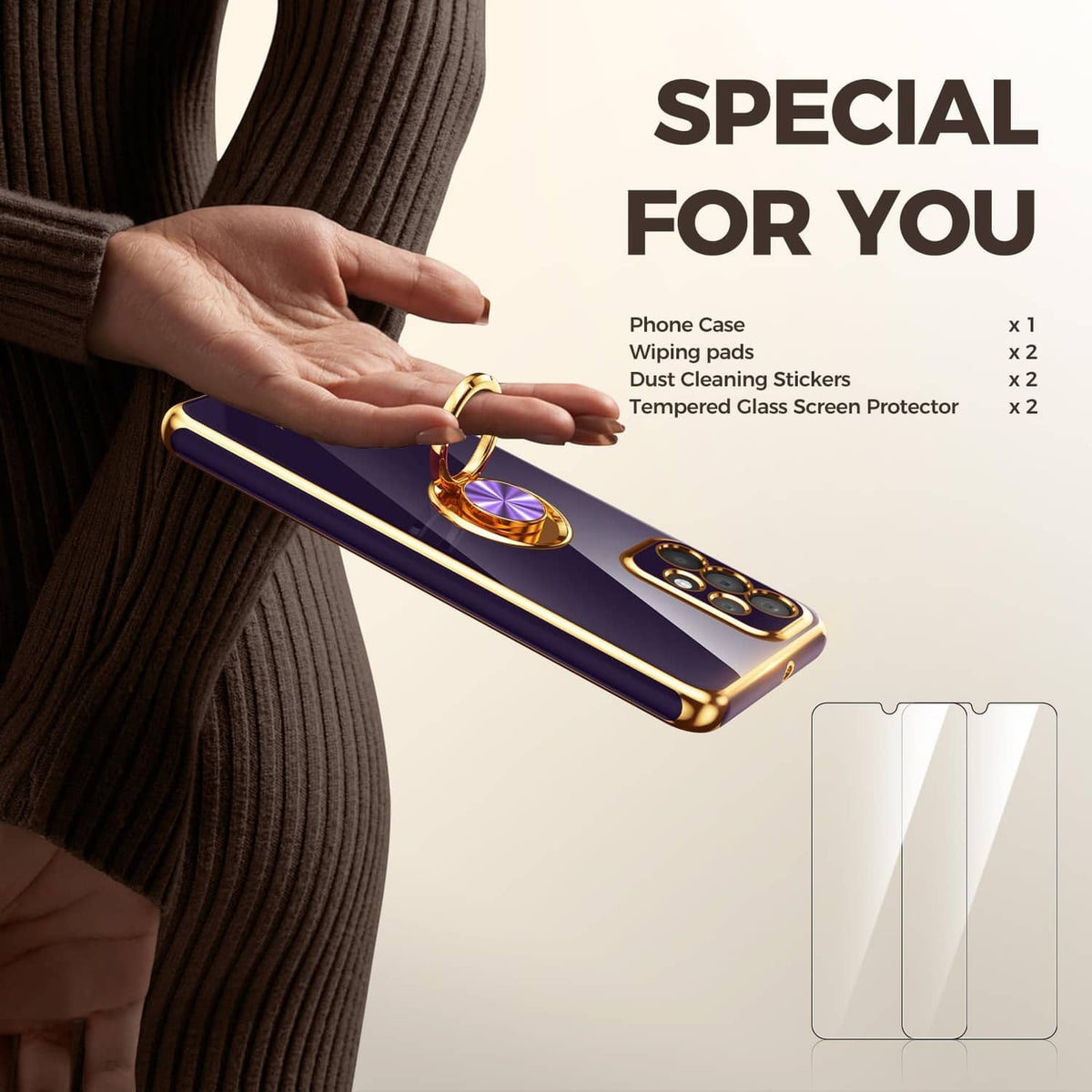 Purple case with gold trim plus included screen protector films and camera cover