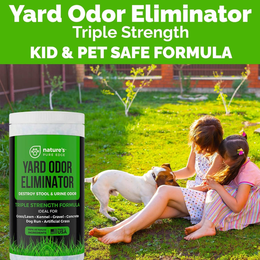 Nature's Pure Edge Yard Odor Eliminator bottle on grass near pets and children