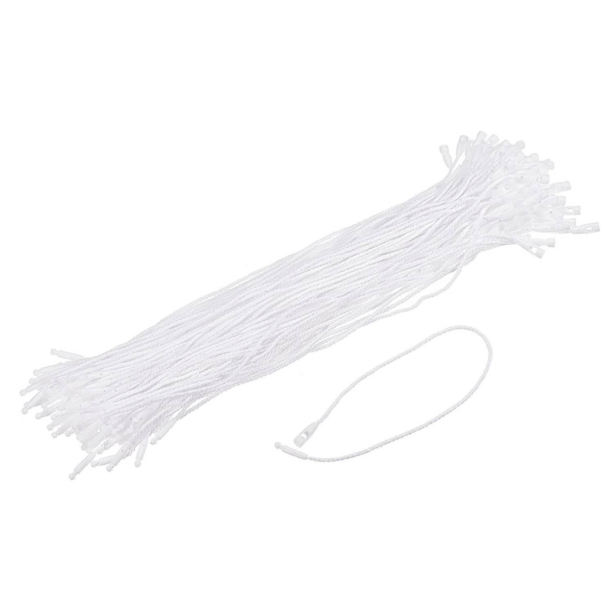 White polyester rope with tassel ends and snap-lock hang tag pins, 7.8 in