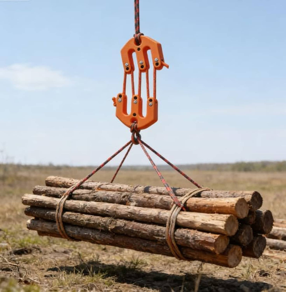 Orange block and tackle hoist lifting stacked logs on braided rope