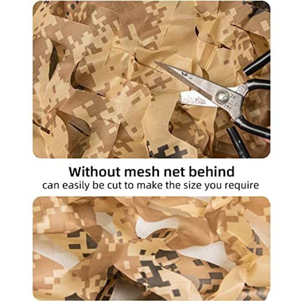 Camouflage netting laid flat in desert tan, shown being cut with scissors